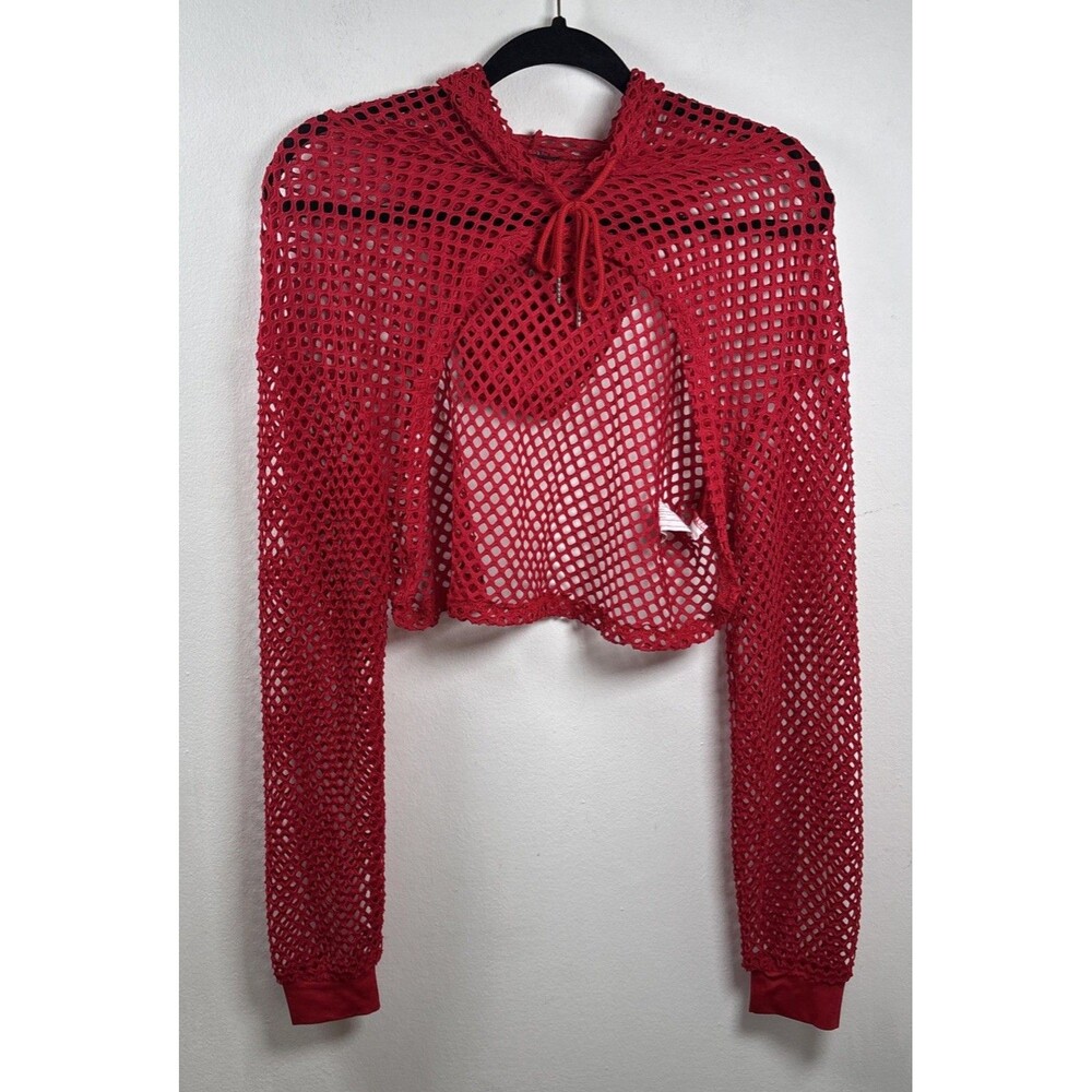 Avidlove Red Fishnet Mesh Hooded Crop Top Y2K Goth Rave Festival Cover Up M